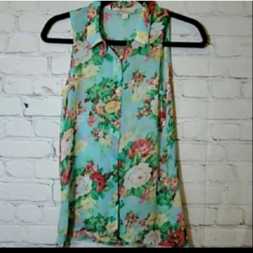 Olive & Oak Sheer Green Floral Print Sleeveless Blouse